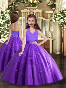 Ball Gowns Little Girls Pageant Dress Wholesale Purple Halter Top Tulle Sleeveless Floor Length Lace Up