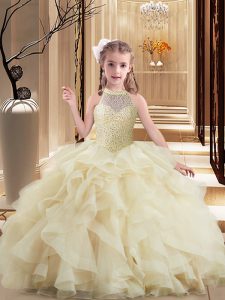 Best Sleeveless Brush Train Beading and Ruffles Lace Up Little Girl Pageant Dress
