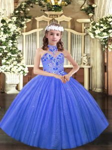 Blue Halter Top Lace Up Appliques Little Girls Pageant Dress Wholesale Sleeveless