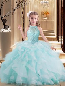Excellent Light Blue High-neck Lace Up Beading and Ruffles Girls Pageant Dresses Brush Train Sleeveless