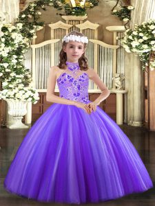 Sleeveless Tulle Floor Length Lace Up Kids Formal Wear in Lavender with Appliques