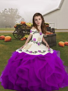 Purple Organza Lace Up Little Girl Pageant Dress Sleeveless Floor Length Embroidery and Ruffles