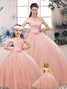 Stunning Floor Length Lace Up Ball Gown Prom Dress Pink for Military Ball and Sweet 16 and Quinceanera with Lace and Han