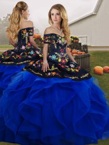 Eye-catching Blue And Black Ball Gowns Embroidery and Ruffles 15th Birthday Dress Lace Up Tulle Sleeveless Floor Length