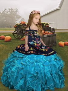 Aqua Blue Ball Gowns Straps Sleeveless Organza Floor Length Lace Up Embroidery and Ruffles Little Girl Pageant Gowns