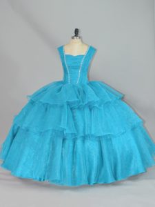 Inexpensive Floor Length Ball Gowns Sleeveless Aqua Blue Quinceanera Dresses Lace Up