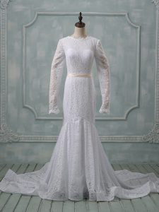 Great White Lace Backless Scoop Long Sleeves Wedding Dresses Court Train Lace and Belt