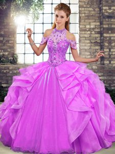 Dramatic Sleeveless Floor Length Beading and Ruffles Lace Up Sweet 16 Dress with Lilac