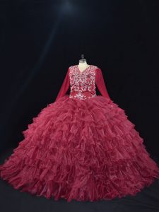 Glittering Burgundy Organza Lace Up Ball Gown Prom Dress Long Sleeves Floor Length Ruffled Layers