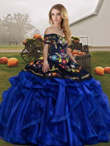 Floor Length Lace Up Vestidos de Quinceanera Blue And Black for Military Ball and Sweet 16 and Quinceanera with Embroide