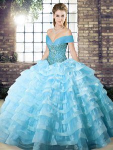 High Class Sleeveless Brush Train Beading and Ruffled Layers Lace Up Quinceanera Gown