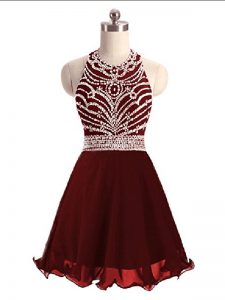 Romantic Burgundy Lace Up Halter Top Beading Homecoming Dress Sleeveless
