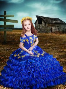 Floor Length Lace Up Little Girls Pageant Dress Wholesale Royal Blue for Wedding Party with Embroidery and Ruffled Layer