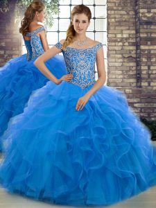 Free and Easy Off The Shoulder Sleeveless Brush Train Lace Up 15th Birthday Dress Blue Tulle