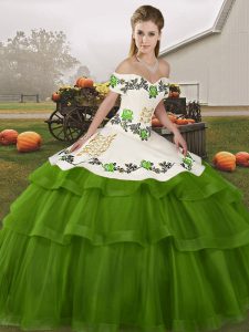 Tulle Off The Shoulder Sleeveless Brush Train Lace Up Embroidery and Ruffled Layers Quinceanera Dress in Olive Green