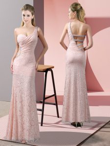 Baby Pink Sleeveless Beading and Lace Floor Length Prom Dresses