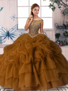 Fantastic Brown Sleeveless Brush Train Beading and Pick Ups Quinceanera Gowns