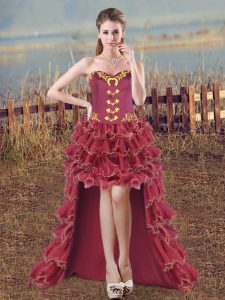 Custom Design Burgundy Lace Up Prom Dresses Embroidery and Ruffles Sleeveless High Low