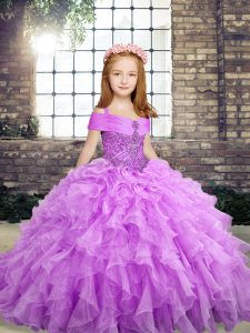 Dazzling Lavender Sleeveless Organza Lace Up Little Girls Pageant Gowns for Party and Wedding Party