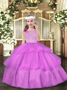 High Quality Floor Length Lilac Pageant Dress for Womens Organza Sleeveless Beading and Ruffled Layers
