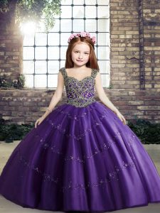 Most Popular Purple Lace Up Pageant Gowns For Girls Beading Sleeveless Floor Length