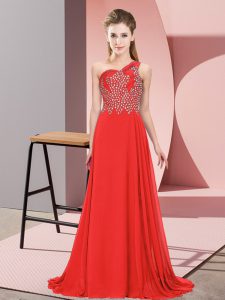 Customized Orange Red Sleeveless Chiffon Side Zipper Prom Gown for Prom and Party