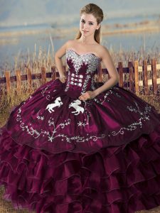High Quality Floor Length Purple Sweet 16 Quinceanera Dress Satin and Organza Sleeveless Embroidery and Ruffles