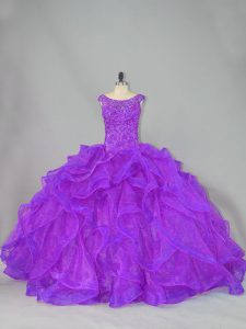 Organza Scoop Sleeveless Brush Train Lace Up Beading and Ruffles 15 Quinceanera Dress in Purple