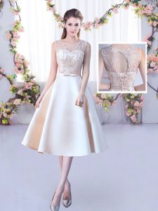 New Arrival Sleeveless Lace Up Tea Length Lace and Belt Damas Dress