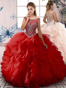 Red Organza Zipper 15th Birthday Dress Sleeveless Floor Length Beading and Ruffles