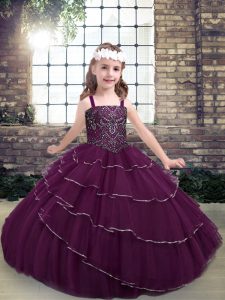 Purple Ball Gowns Beading and Ruffled Layers Little Girls Pageant Dress Wholesale Lace Up Sleeveless Floor Length