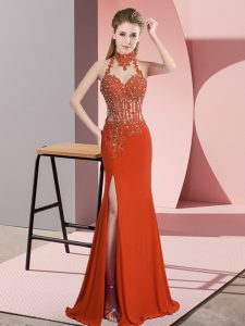 Fantastic High-neck Sleeveless Prom Dresses Floor Length Lace and Appliques Orange Red Chiffon