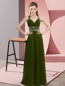 Olive Green Sleeveless Floor Length Beading Backless Dress for Prom