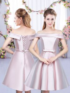 A-line Wedding Party Dress Baby Pink Off The Shoulder Satin Sleeveless Floor Length Lace Up