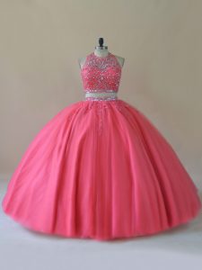 Coral Red Tulle Backless Quinceanera Gown Sleeveless Floor Length Beading