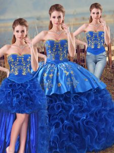 Fine Sweetheart Sleeveless Vestidos de Quinceanera Floor Length Embroidery and Ruffles Royal Blue Fabric With Rolling Fl