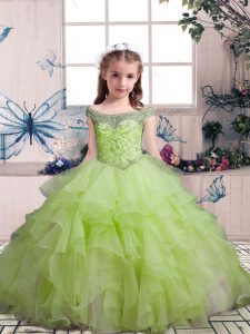 Floor Length Lace Up Pageant Dress for Womens Yellow Green for Party and Military Ball and Wedding Party with Beading an