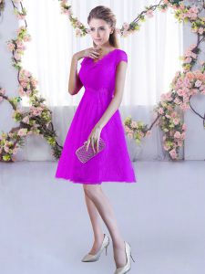 Designer Mini Length Fuchsia Bridesmaids Dress Lace Cap Sleeves Lace