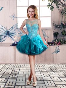 On Sale Mini Length Teal Dress for Prom Tulle Sleeveless Beading and Ruffles