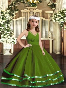 Custom Made Floor Length Zipper Pageant Dress for Teens Green for Party and Wedding Party with Ruffled Layers