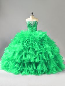 Green Sleeveless Beading and Ruffles Lace Up Ball Gown Prom Dress