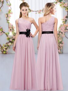Deluxe Sleeveless Floor Length Belt Zipper Bridesmaid Gown with Pink