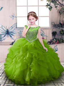 Custom Fit Floor Length Green Pageant Dress Organza Sleeveless Beading