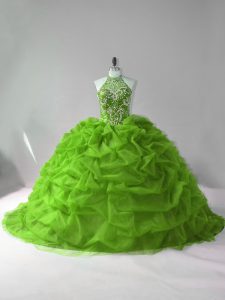 Smart Halter Top Sleeveless Court Train Lace Up Sweet 16 Quinceanera Dress Green Organza