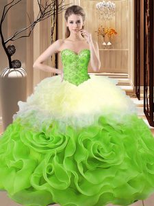 Graceful Multi-color Ball Gowns Sweetheart Sleeveless Fabric With Rolling Flowers Floor Length Lace Up Beading and Ruffl