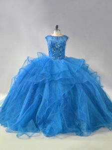Sophisticated Organza Scoop Sleeveless Brush Train Lace Up Beading and Ruffles Quinceanera Dress in Blue
