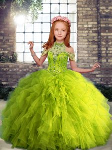 High Class Yellow Green Ball Gowns Beading and Ruffles Little Girls Pageant Gowns Lace Up Tulle Sleeveless Floor Length