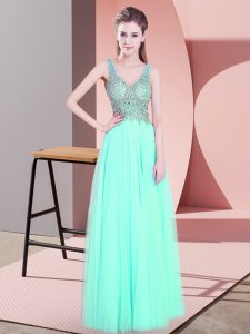 Hot Sale Apple Green Tulle Zipper Prom Dresses Sleeveless Floor Length Beading