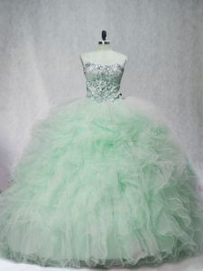 Admirable Strapless Sleeveless Quinceanera Dress Brush Train Beading and Ruffles Apple Green Tulle