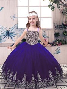 Purple Straps Neckline Beading and Embroidery Little Girl Pageant Dress Sleeveless Lace Up